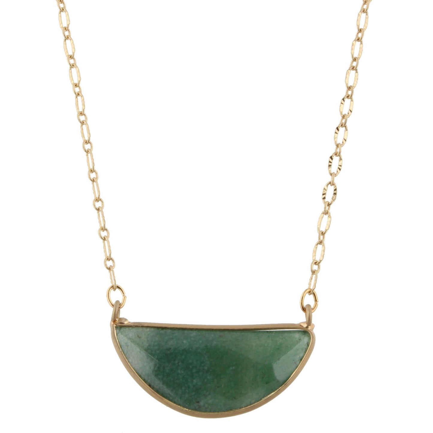 16" Gold Chain Necklace with Green Half Circle Stone, 3" Ext
