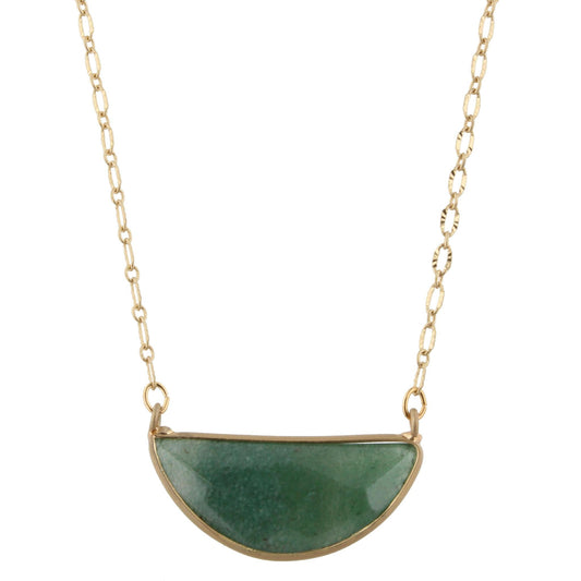 16" Gold Chain Necklace with Green Half Circle Stone, 3" Ext