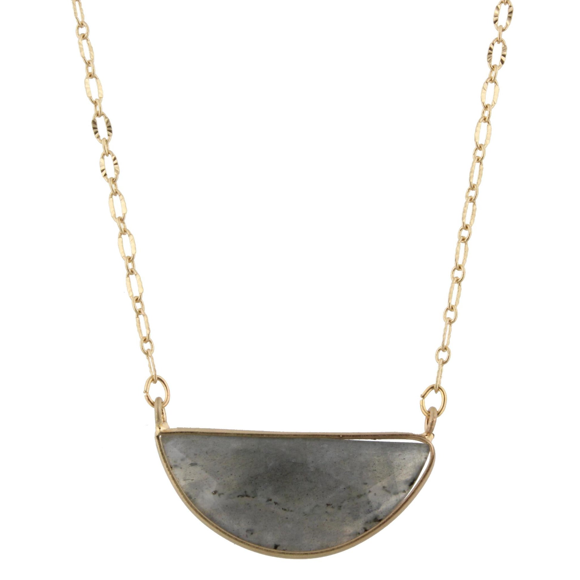 16" Gold Chain Necklace with Labrodite Half Circle Stone, 3" Ext