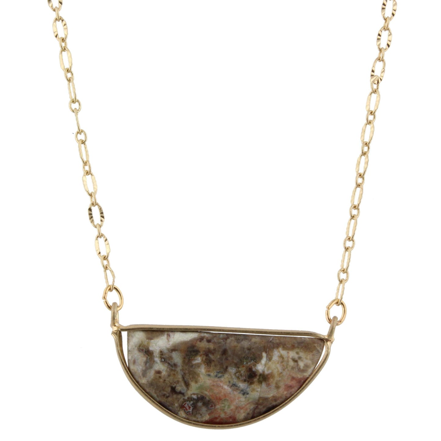 16" Gold Chain Necklace with Ocean Jasper Half Circle Stone, 3" Ext