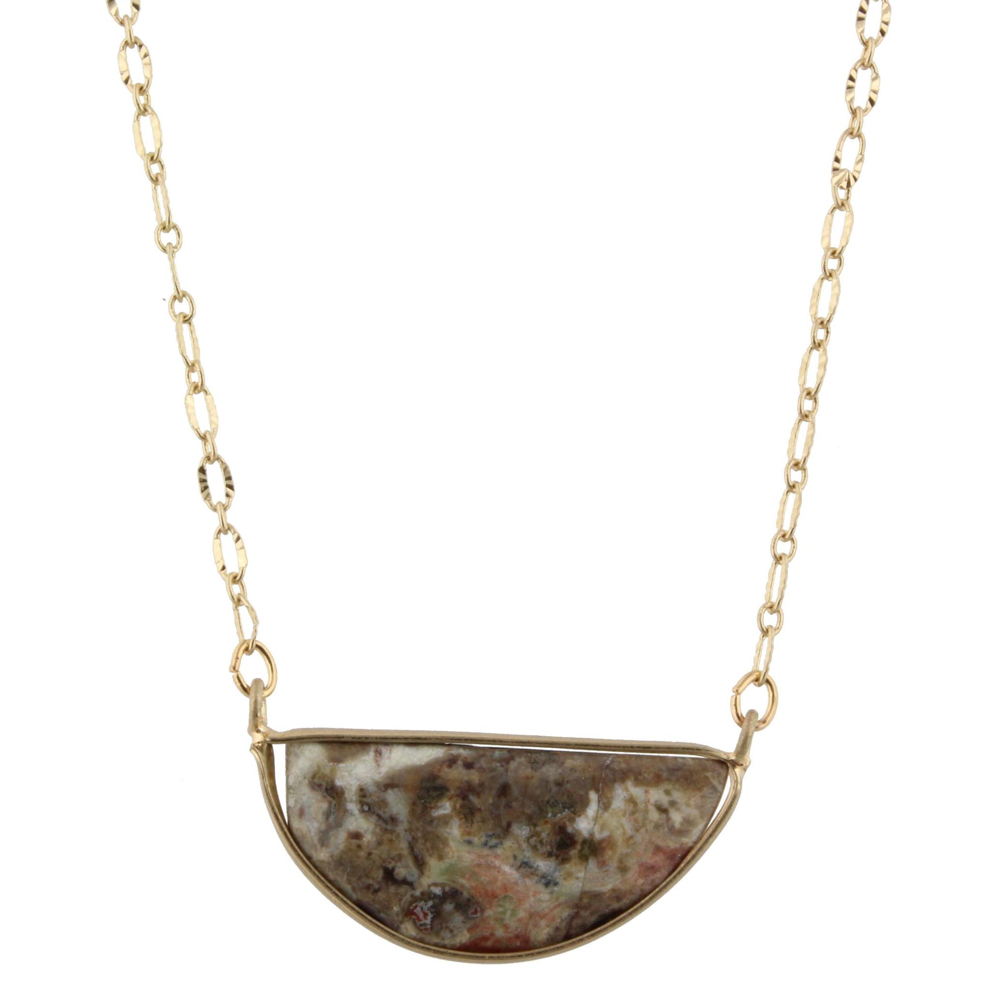 16" Gold Chain Necklace with Ocean Jasper Half Circle Stone, 3" Ext