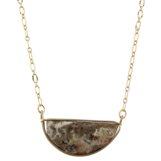 16" Gold Chain Necklace with Ocean Jasper Half Circle Stone, 3" Ext