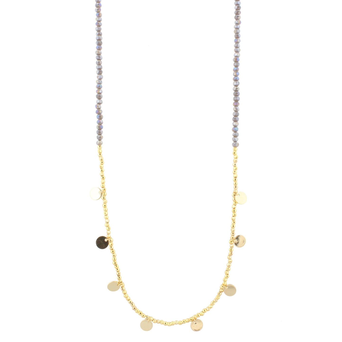 30" AB Grey Beaded Necklace with Gold Beads & Disks, 3" Ext