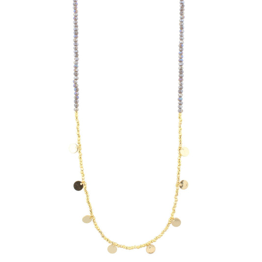 30" AB Grey Beaded Necklace with Gold Beads & Disks, 3" Ext