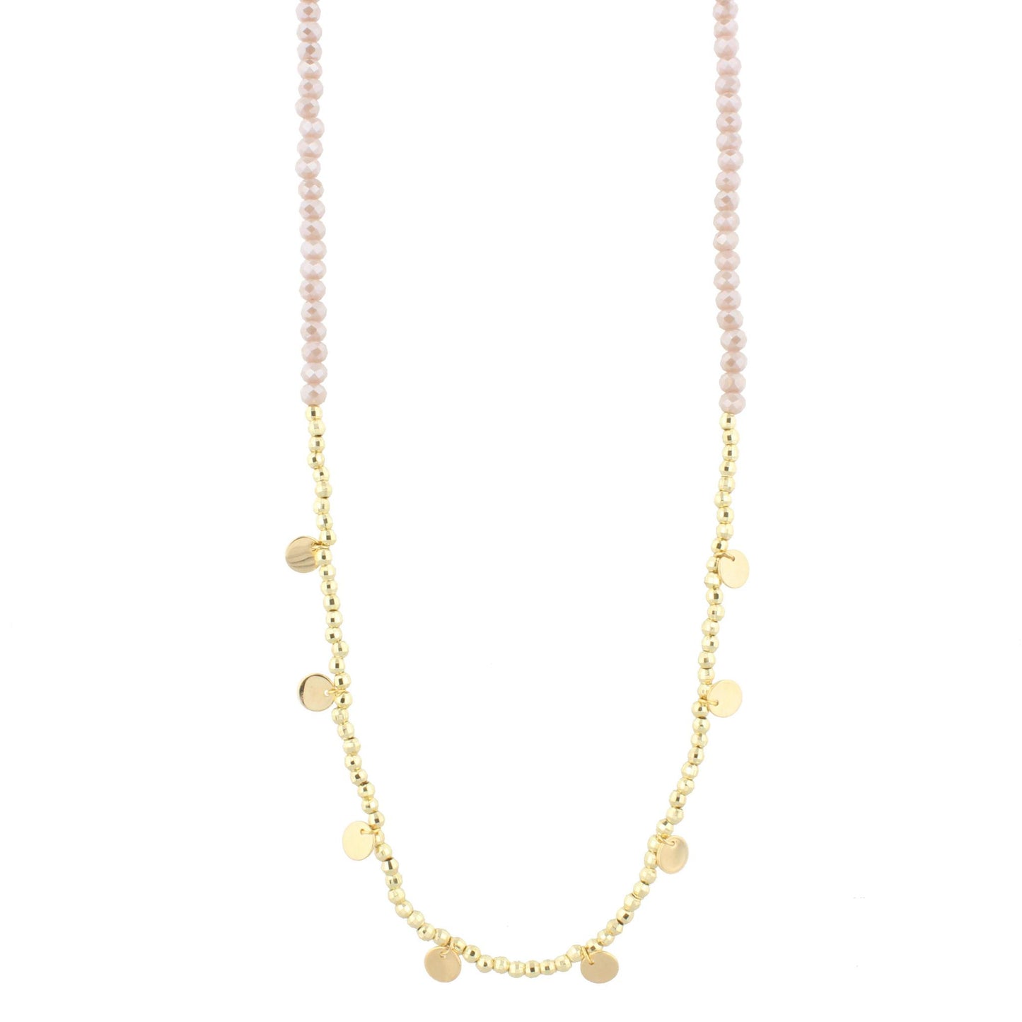 30" Beige Beaded Necklace with Gold Beads & Disks, 3" Ext