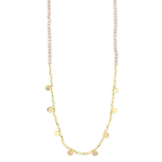 30" Beige Beaded Necklace with Gold Beads & Disks, 3" Ext