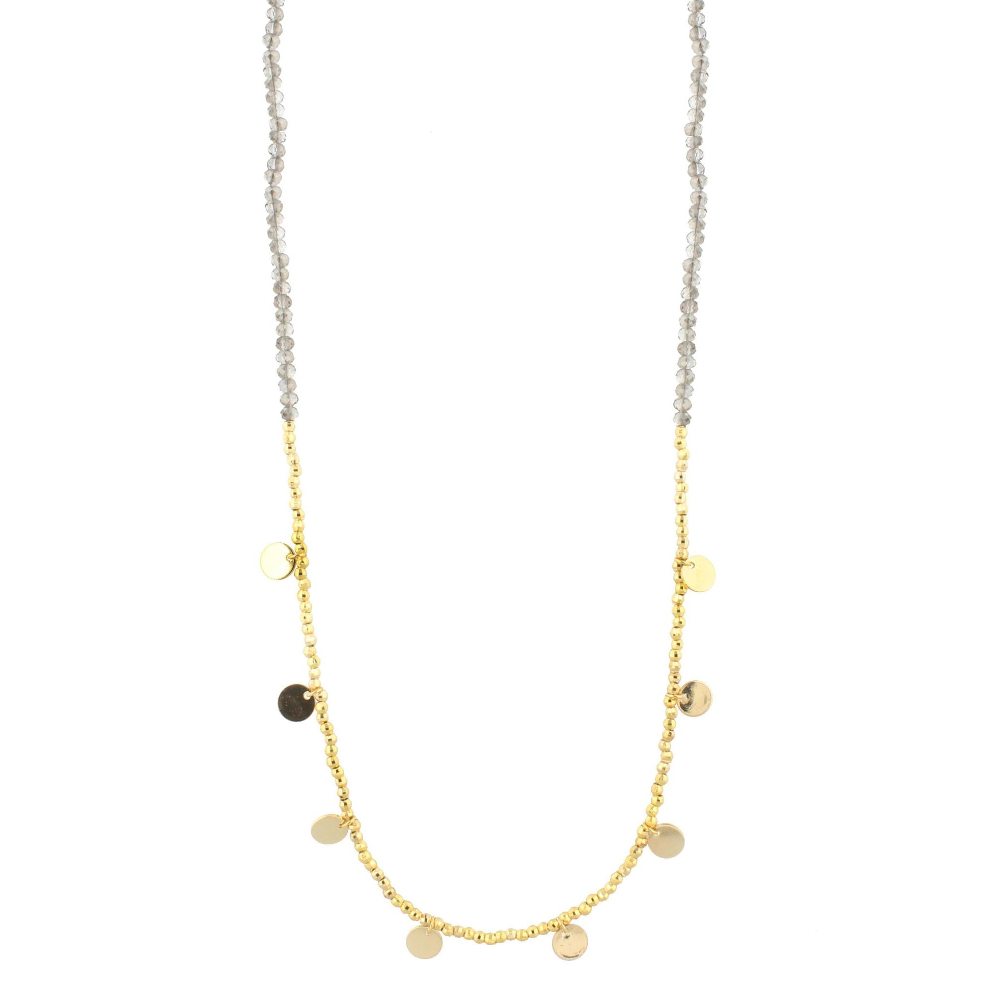 30" Grey Beaded with Necklace Gold Beads & Disks, 3" Ext