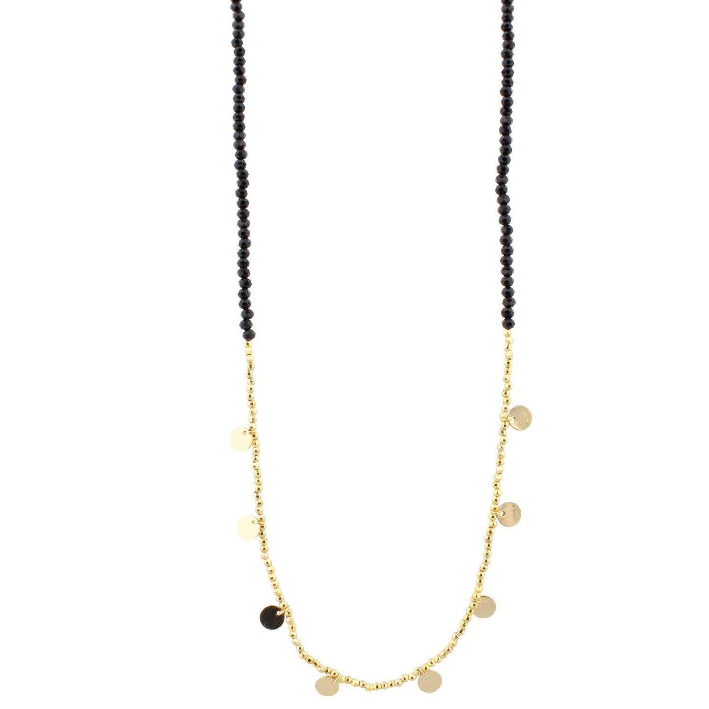 30" Jet Beaded Necklace with Gold Beads & Disks, 3" Ext