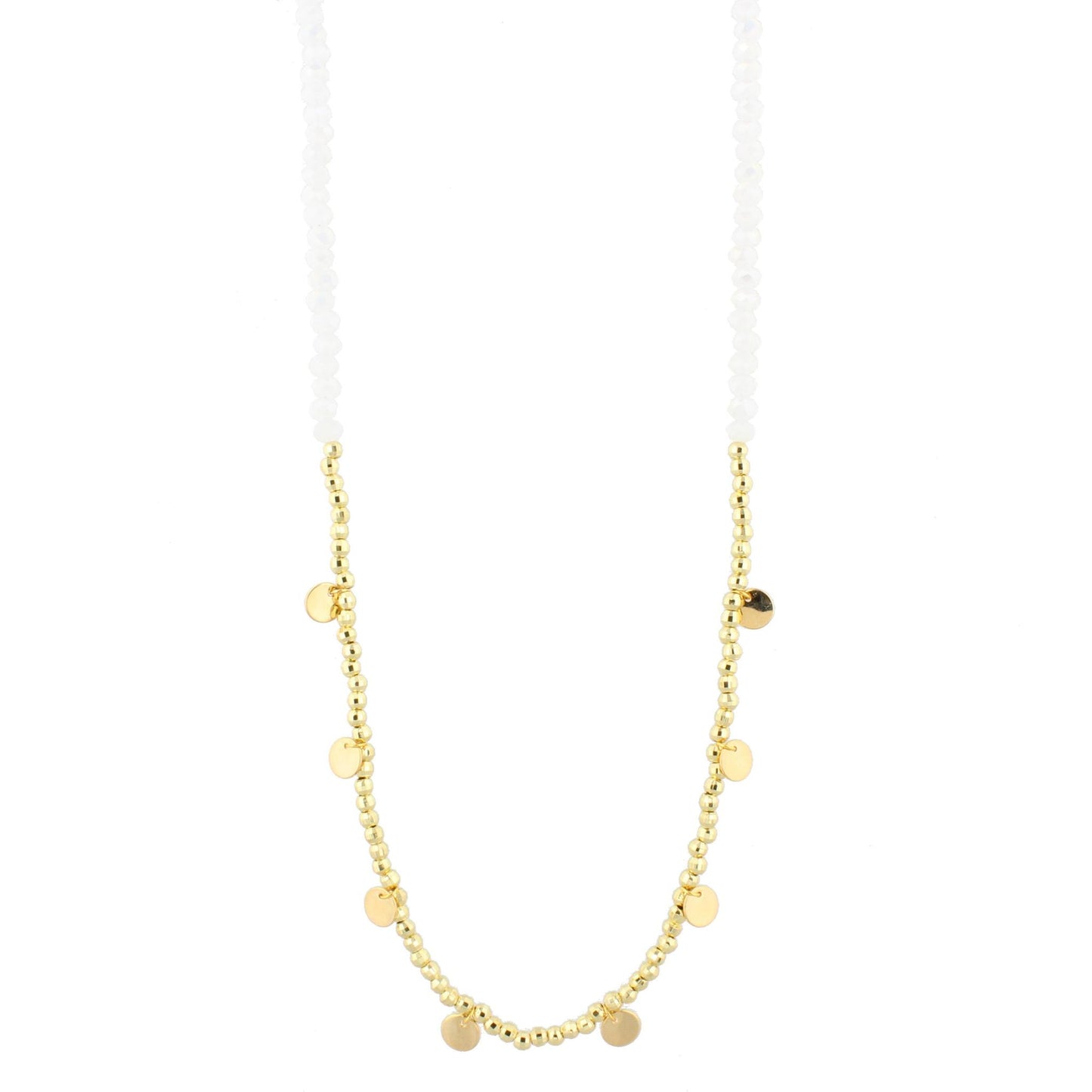 30" White Beaded Necklace with Gold Beads & Disks, 3" Ext