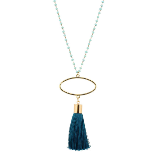 28" Aqua Beaded Necklace with Oval & Deep Teal, 3" Ext