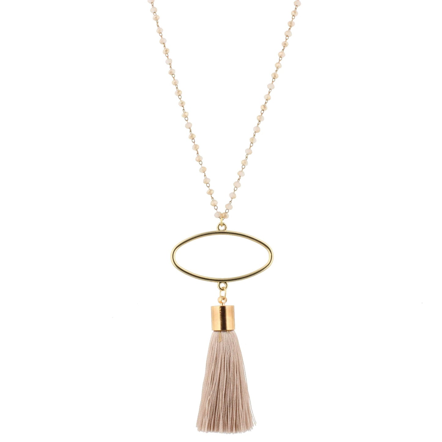 28" 2-Tone Champagne Beaded Necklace with Oval & Beige Tassel, 3" Ext