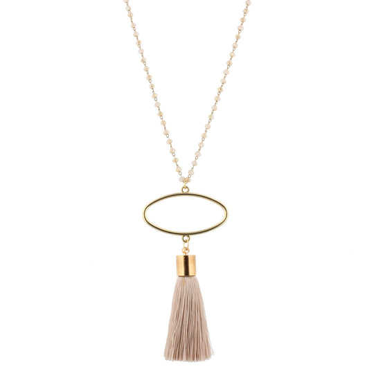 28" 2-Tone Champagne Beaded Necklace with Oval & Beige Tassel, 3" Ext