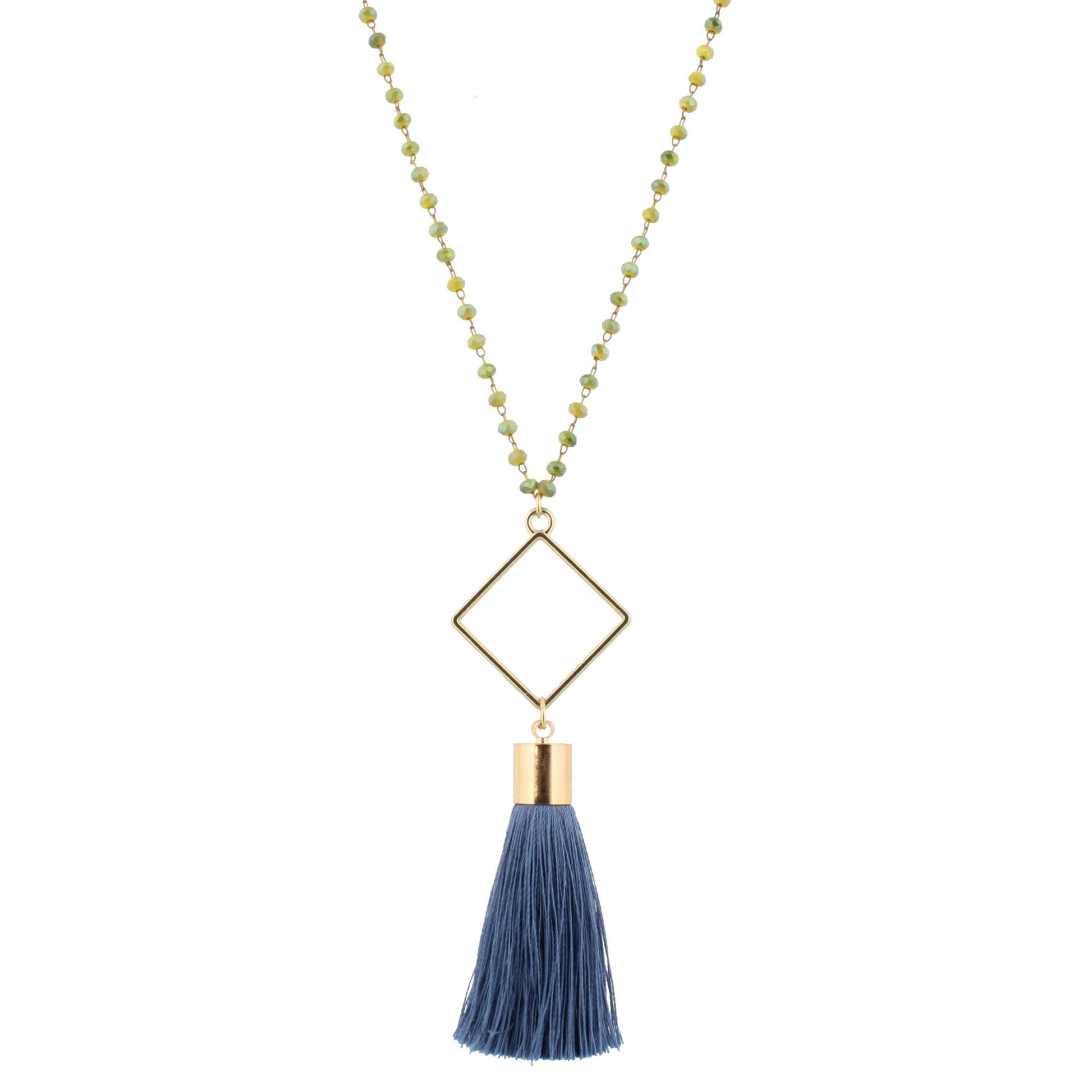 28" 2-Tone Green Beaded Necklace with Square & Blue Tassel, 3" Ext