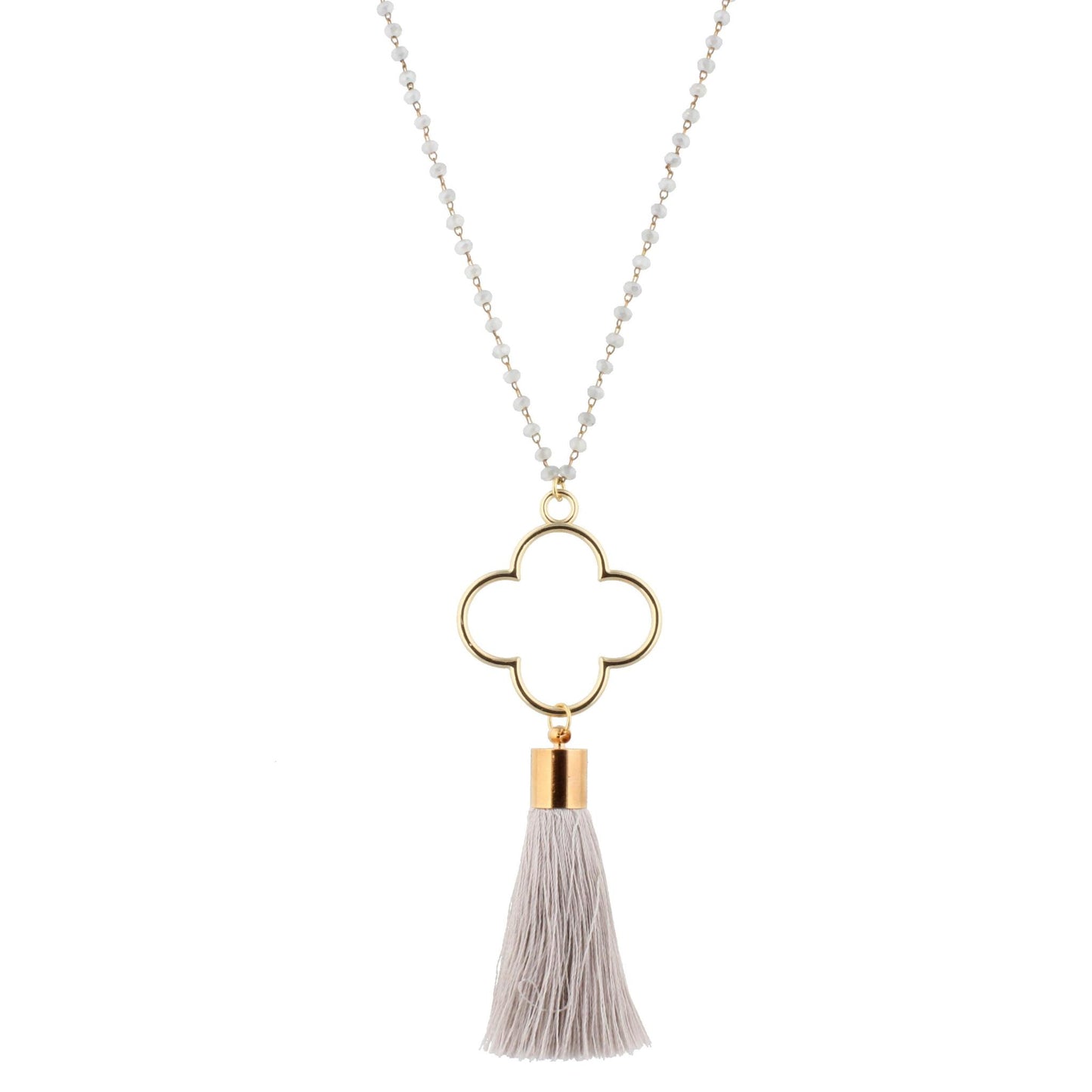 28" Grey Beaded Necklace with Clover & Grey Tassel, 3" Ext