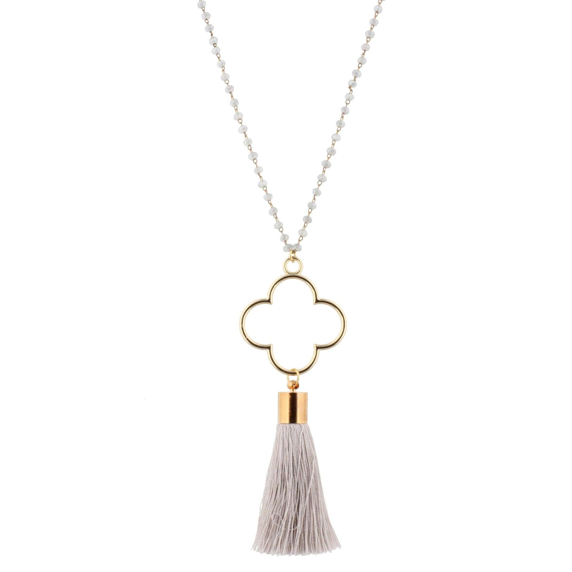 28" Grey Beaded Necklace with Clover & Grey Tassel, 3" Ext