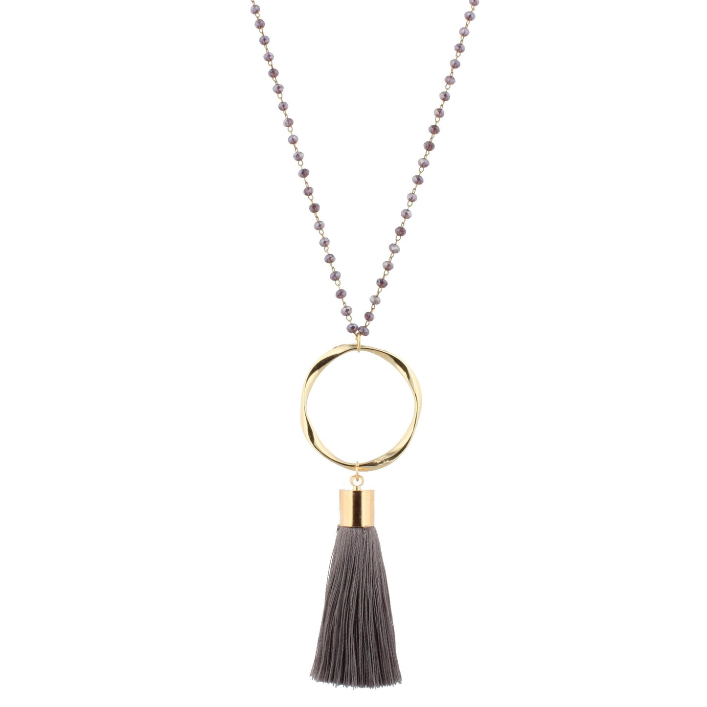 28" Dark Purple Beaded Necklace with Wavy Circle & Dark Grey Tassel, 3" Ext
