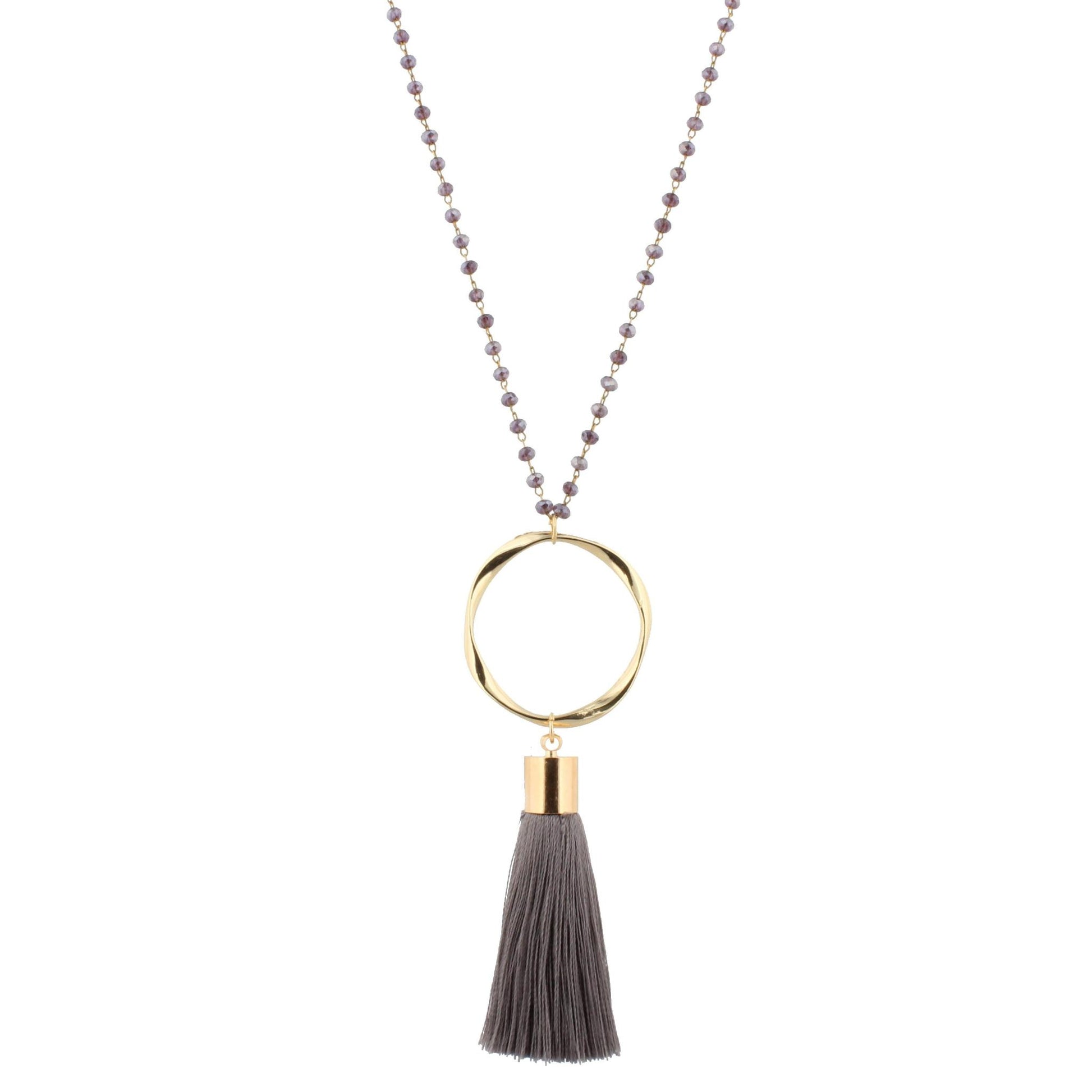 28" Dark Purple Beaded Necklace with Wavy Circle & Dark Grey Tassel, 3" Ext