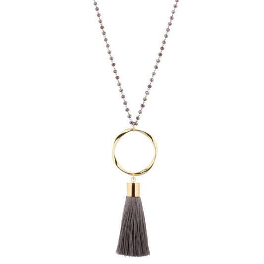 28" Dark Purple Beaded Necklace with Wavy Circle & Dark Grey Tassel, 3" Ext