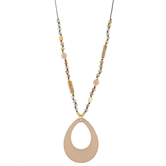 32" Adjustable Handknotted Peach, Moonstone, Jasper Beaded Necklace with Peach Teardrop