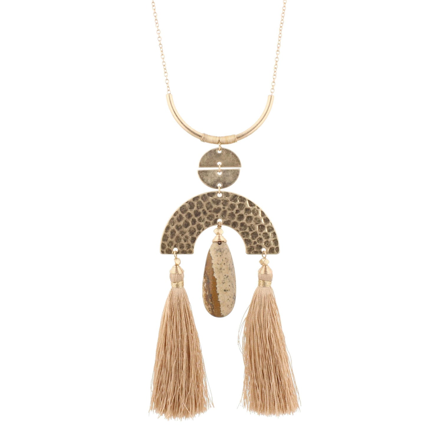 30" Chain Necklace with Tan Tasseled Arch and Picture Jasper, 3" Ext