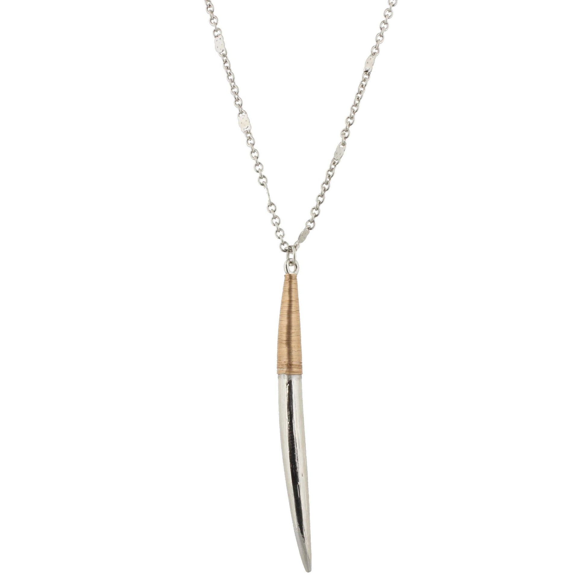 32" Silver Chain Necklace with Gold Wrapped Silver Horn, 3" Ext