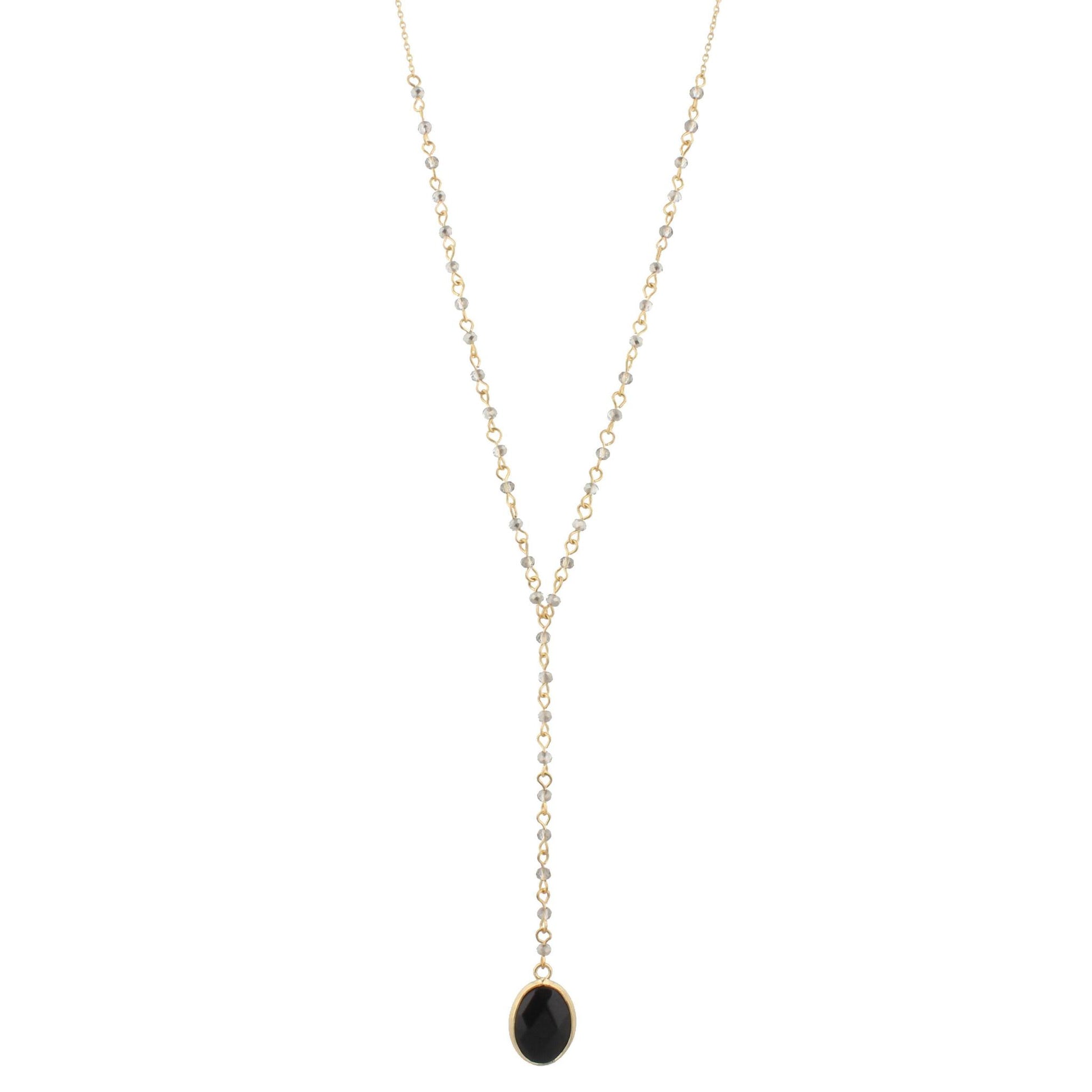 32" Delicate Black Diamond Y Necklace with Jet Stone, 3" Ext