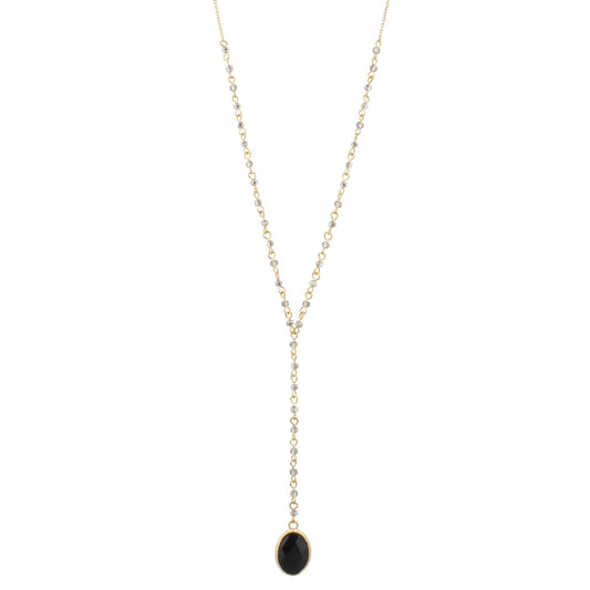 32" Delicate Black Diamond Y Necklace with Jet Stone, 3" Ext