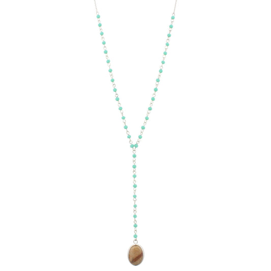 32" Delicate Silver Mint Y Necklace with Picture Jasper Stone, 3" Ext