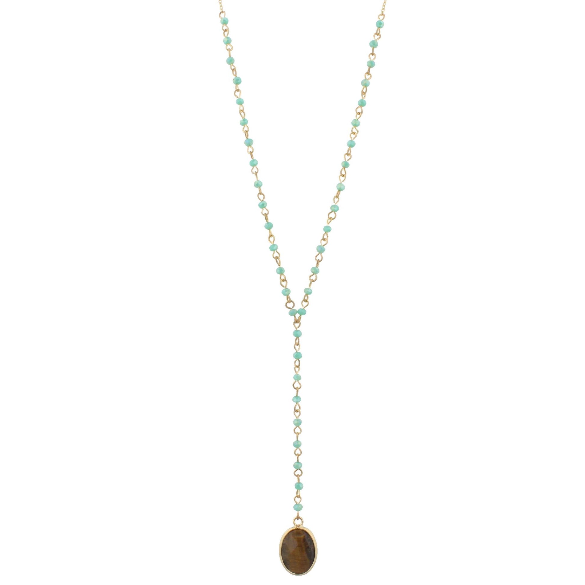 32" Delicate Mint Y Necklace with Tigers Eye Stone, 3" Ext