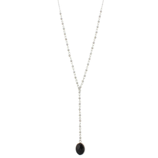 32" Delicate Silver Grey Y Necklace with Jet Stone, 3" Ext