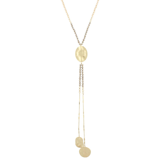25" Greige Beaded Gold Disk Y Necklace with Two Strand Dangles