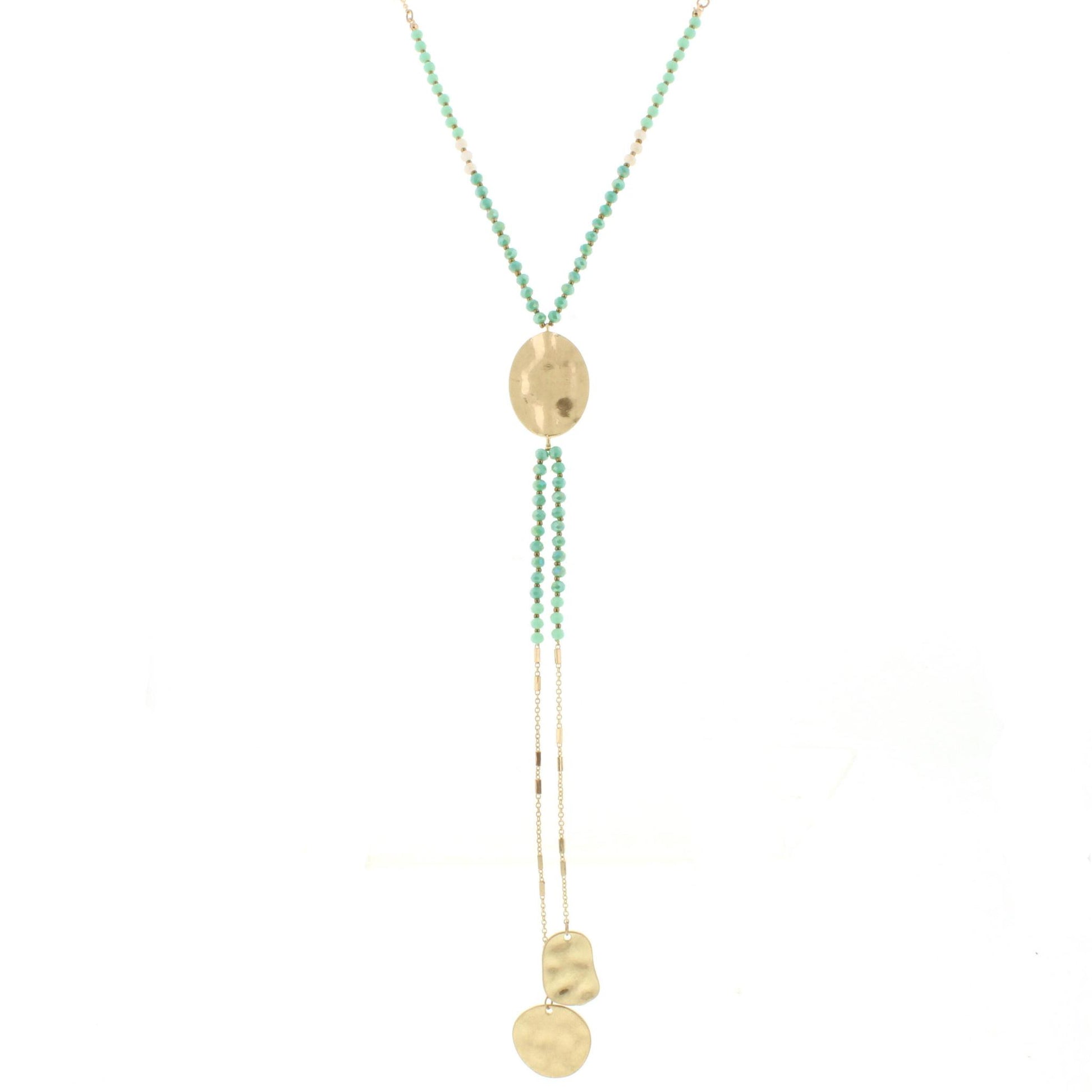 25" Mint Beaded Gold Disk Y Necklace with Two Strand Dangles