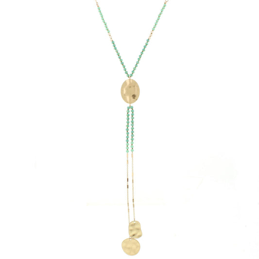 25" Mint Beaded Gold Disk Y Necklace with Two Strand Dangles