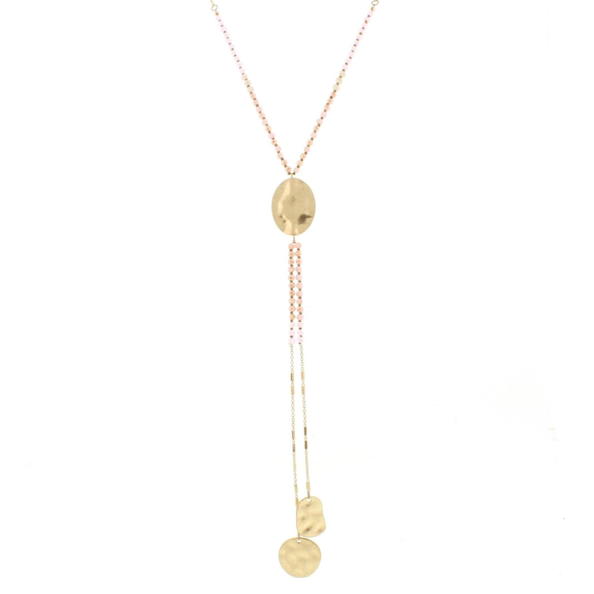 25"2-Tone Pink/Champagne Gold Disk Y Necklace with Two Strand Dangles