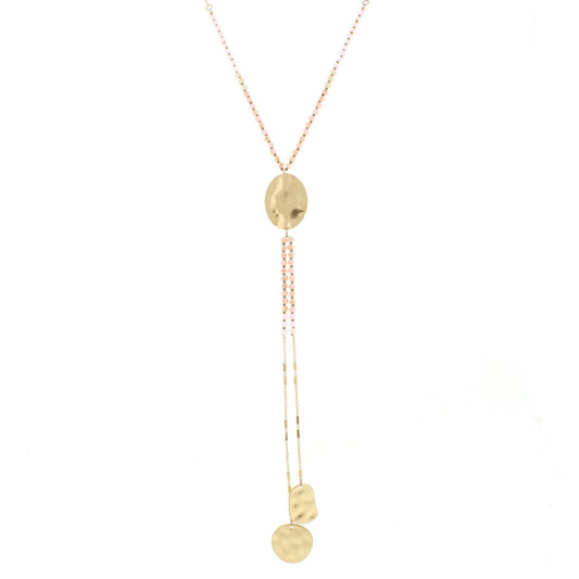 25"2-Tone Pink/Champagne Gold Disk Y Necklace with Two Strand Dangles