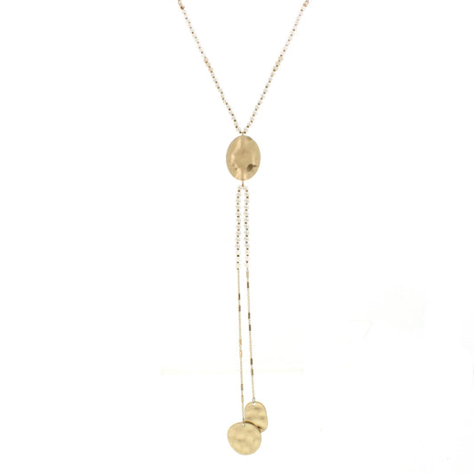 25" Pearl Beaded Gold Disk Y Necklace with Two Strand Dangles