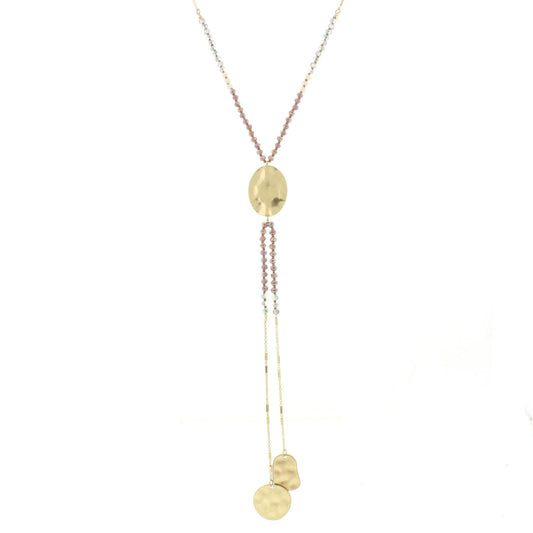 25" Purple Beaded Gold Disk Y Necklace with Two Strand Dangles
