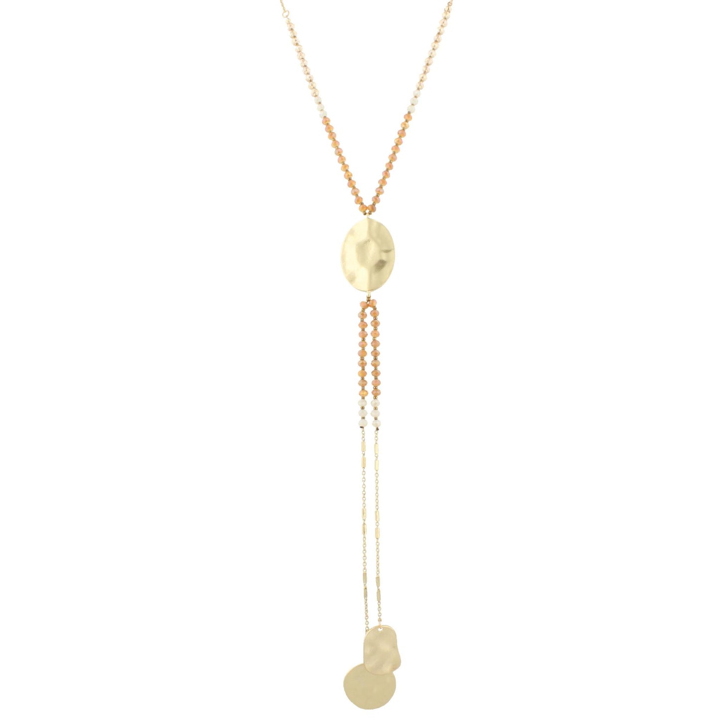 25" Sunset Beaded Gold Disk Y Necklace with Two Strand Dangles