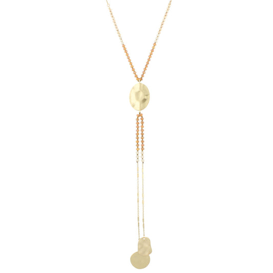25" Sunset Beaded Gold Disk Y Necklace with Two Strand Dangles