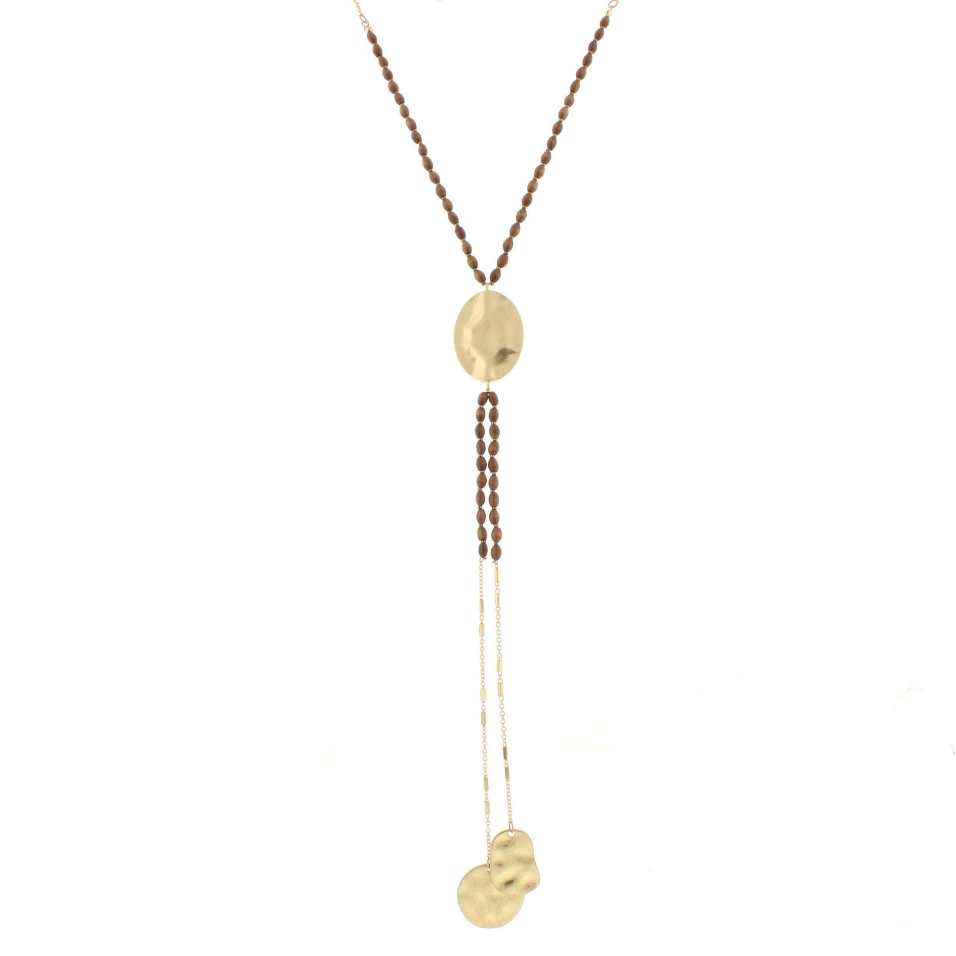 25" Wooden Beaded Gold Disk Y Necklace with Two Strand Dangles