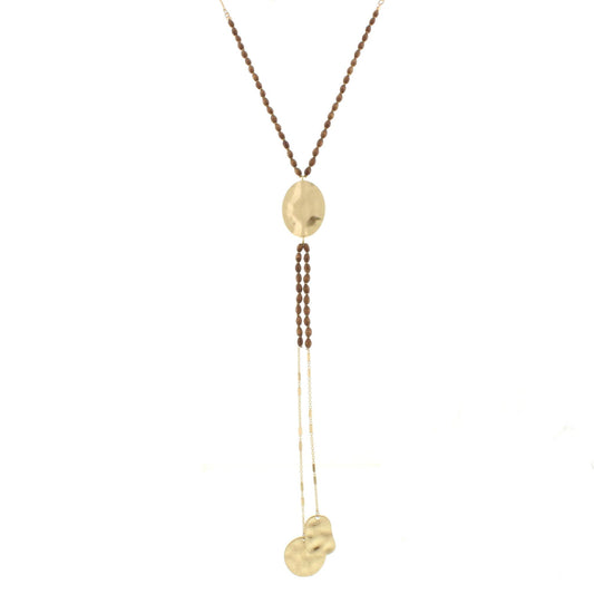 25" Wooden Beaded Gold Disk Y Necklace with Two Strand Dangles