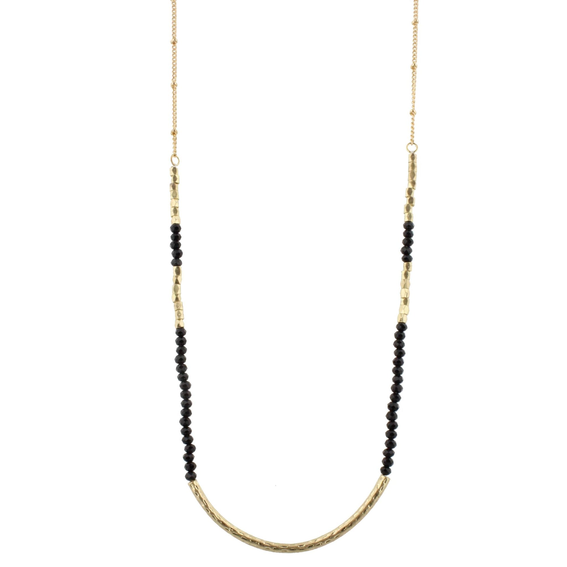 30" Jet Beaded Necklace with Gold Curved Bar, 3" Ext