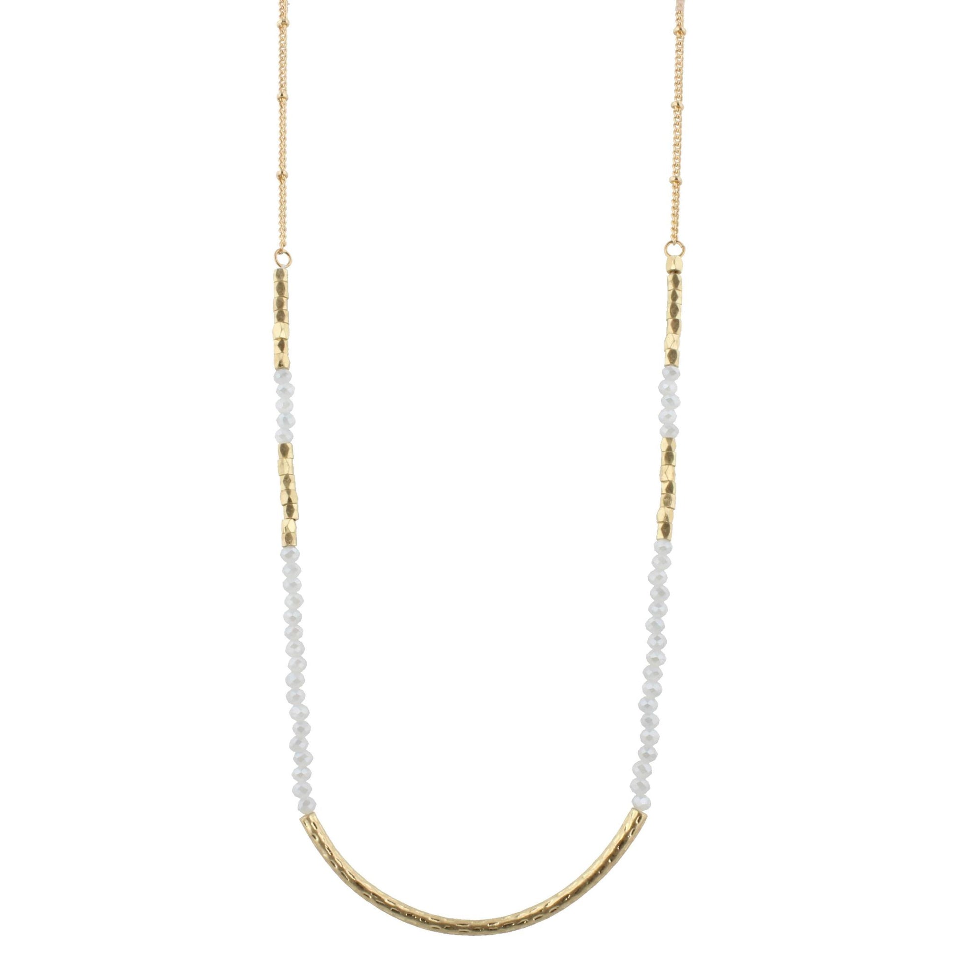 30" Light Grey Beaded Necklace with Gold Curved Bar, 3" Ext