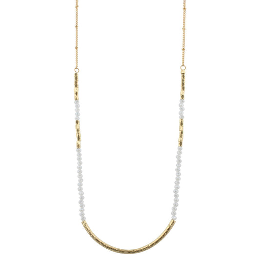 30" Light Grey Beaded Necklace with Gold Curved Bar, 3" Ext