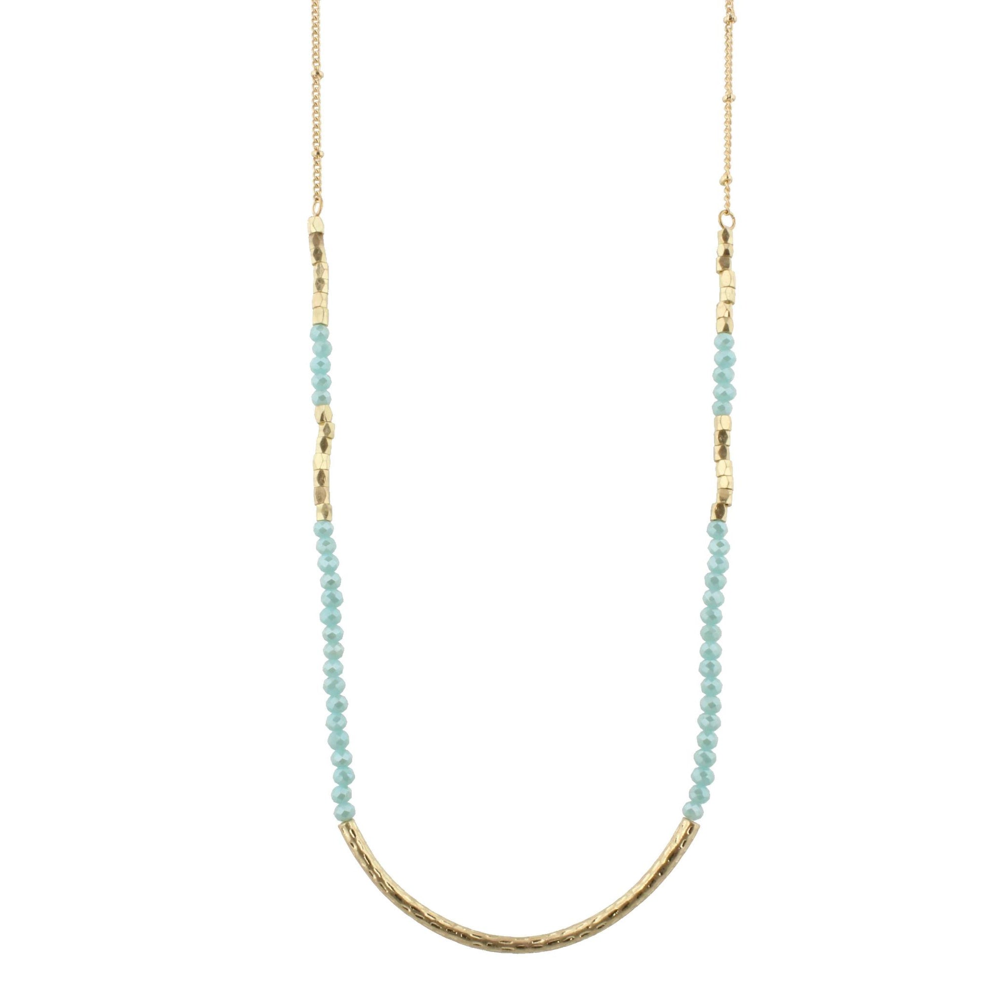 30" Light Mint Beaded Necklace with Gold Curved Bar, 3" Ext