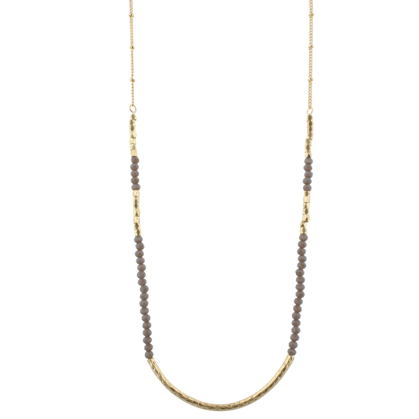 30" Opaque Grey Beaded Necklace with Gold Curved Bar, 3" Ext