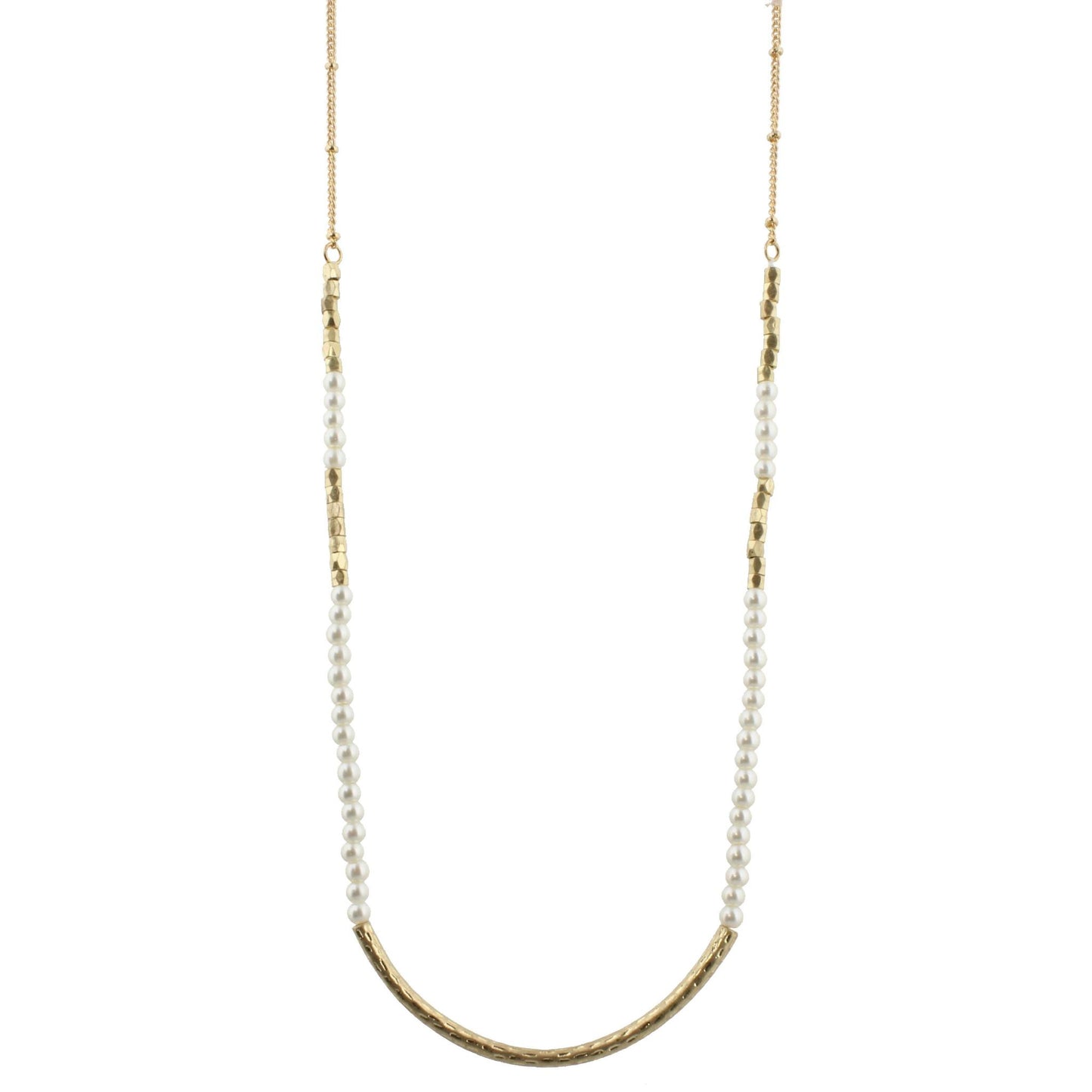 30" Pearl Beaded Necklace with Gold Curved Bar, 3" Ext