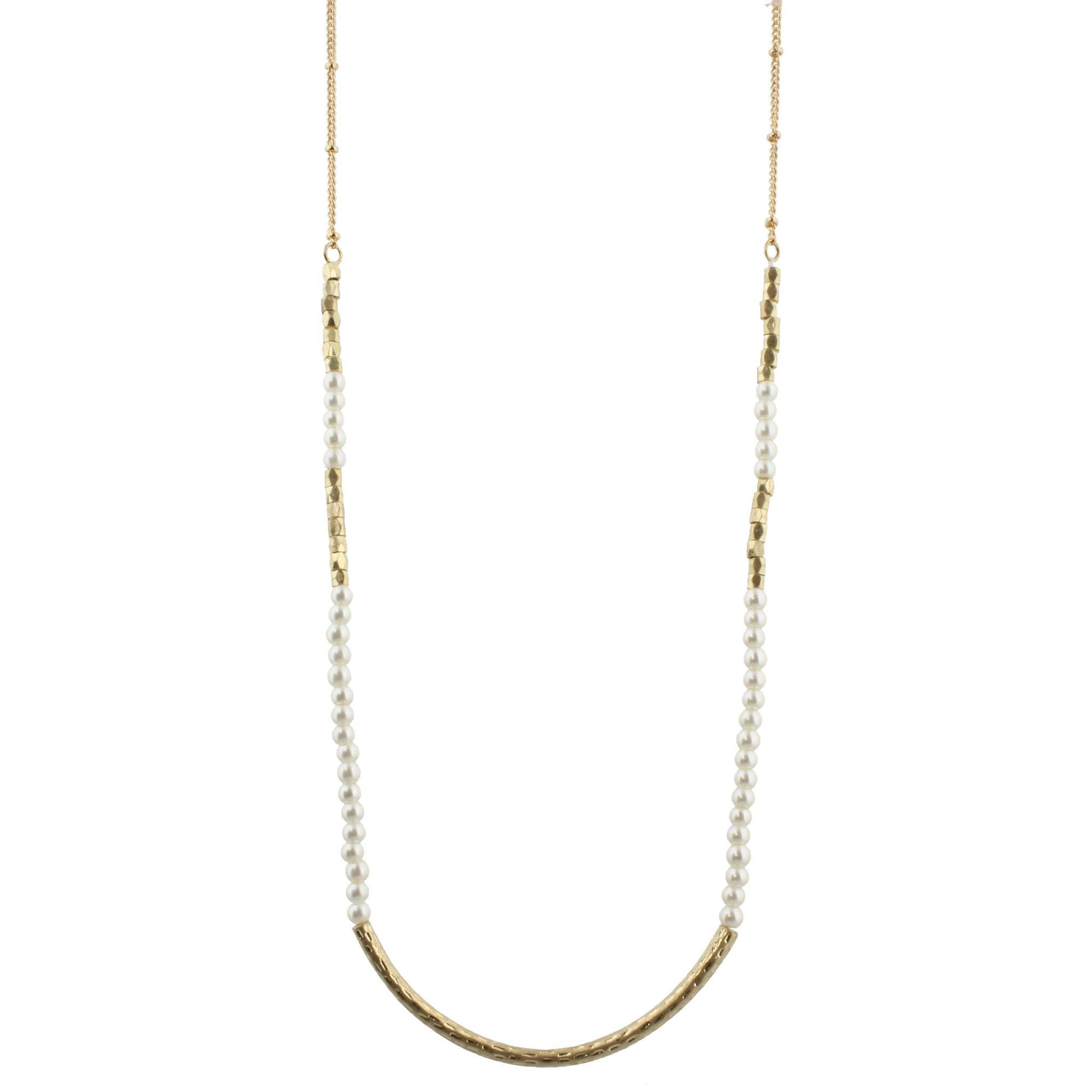 30" Pearl Beaded Necklace with Gold Curved Bar, 3" Ext