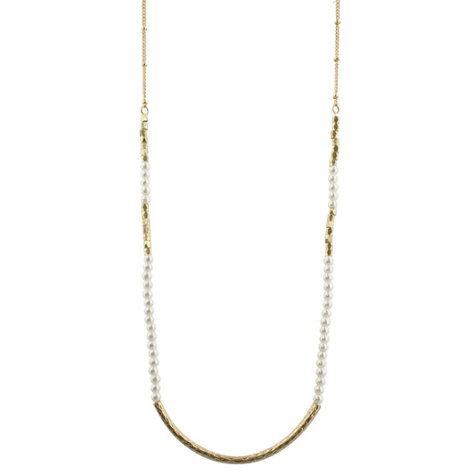 30" Pearl Beaded Necklace with Gold Curved Bar, 3" Ext