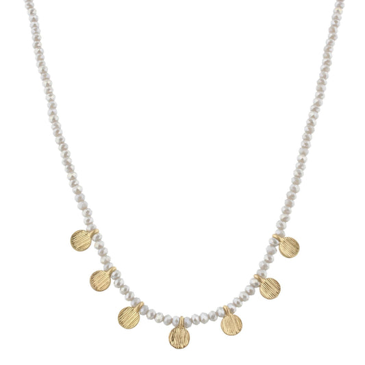 16" Grey Beaded Necklace with Gold Disks, 3" Ext